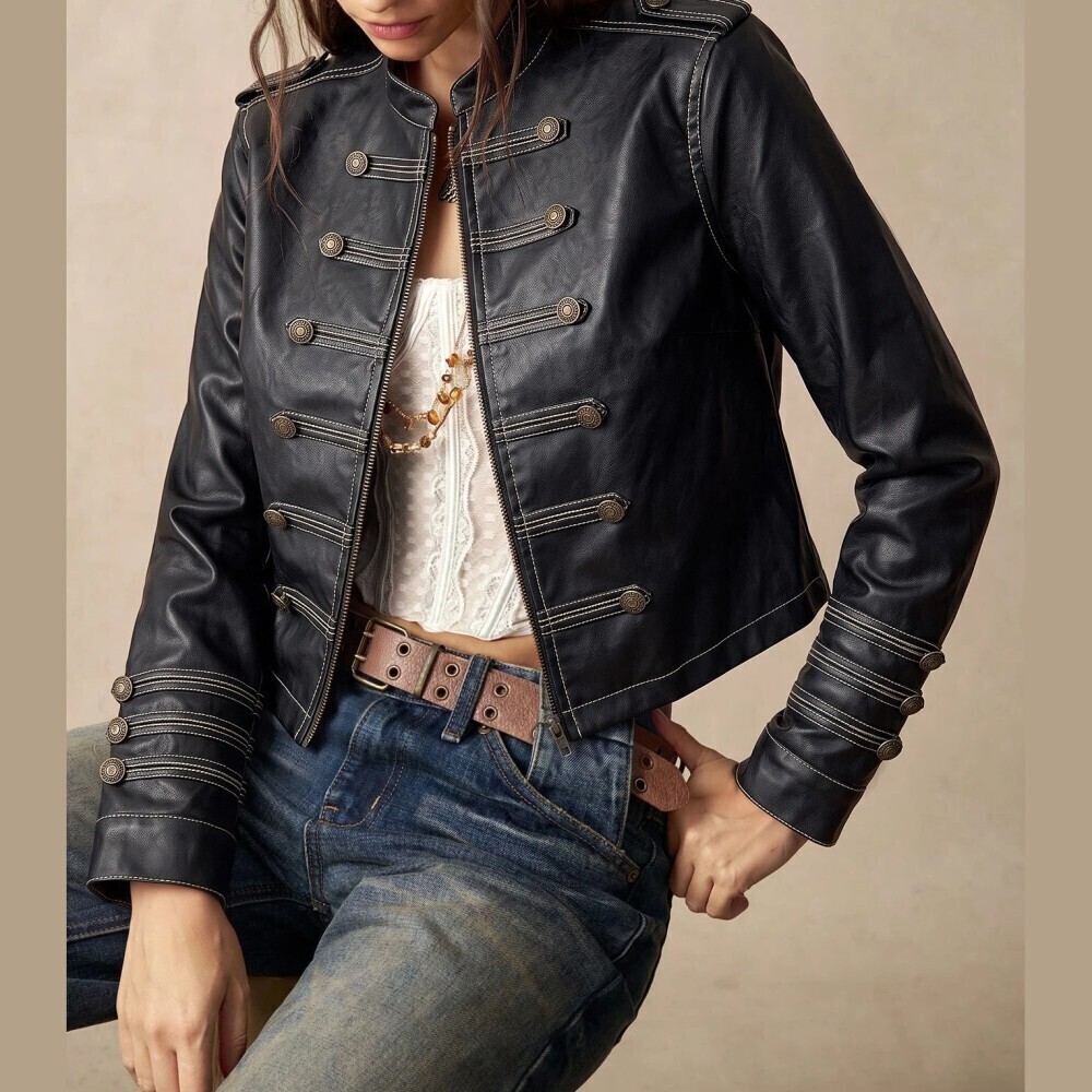 Black Faux Leather Contrast Stitch Military Band Jacket w/ Stand Collar